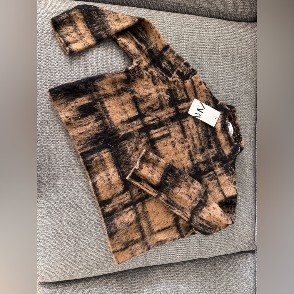 Zara Black & Brown Plaid Teddy Jacket Size S NWT - Picture 8 of 10